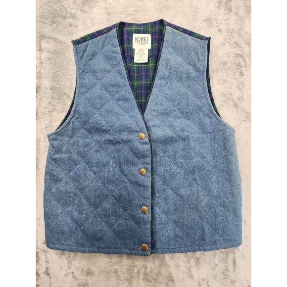 Vintage Koret City Blues Quilted Denim Snap Vest Plaid Crop Pant Set Size 8 Blue - Picture 2 of 16